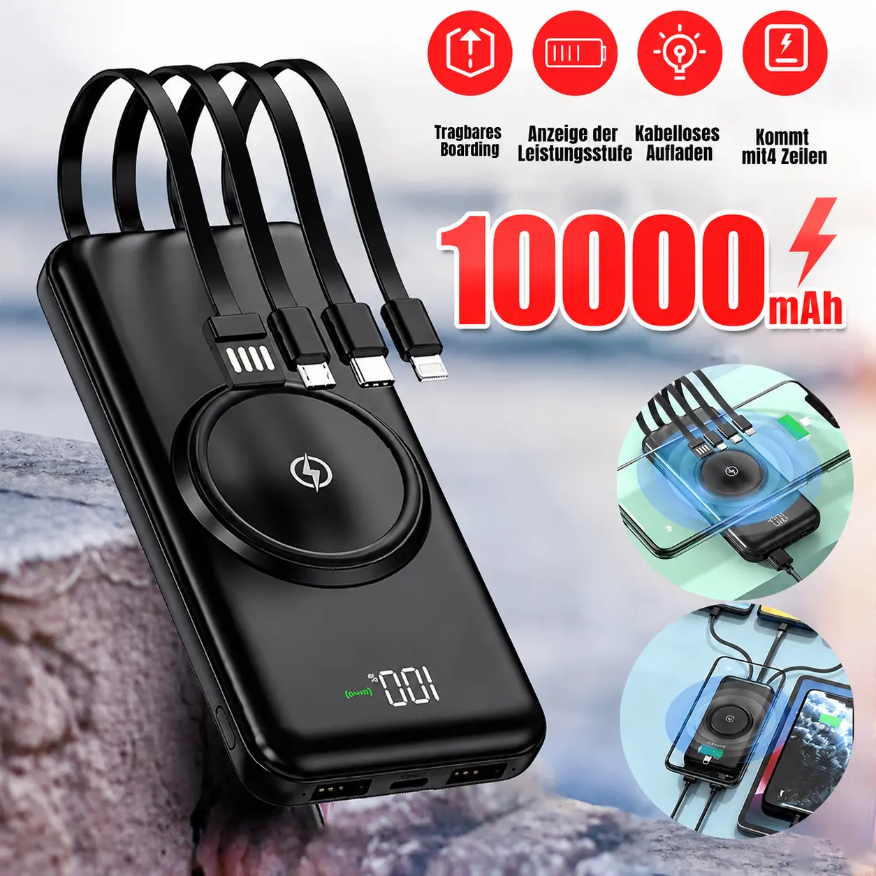 10000mAh Power Bank with Built-in 4 Cables, Magnetic Wireless Portable Charger, 2.1A Fast Charging Battery Pack with LED Display, External Phone Power Bank Compatible with iPhone, Samsung, Android and All USB Devices