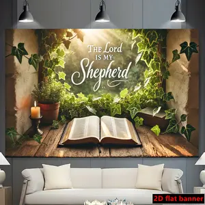 2D Flat Banner, 1pc Bible-Themed Banner Backdrop with Green Foliage & Bible Verse Suitable for Indoor/Outdoor Decoration, Durable Polyester Fabric Suitable for Parties, Photography Studios,, Church Events - Easy