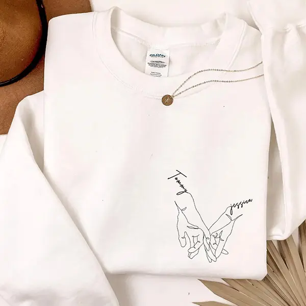Embroidered Couple Hand Sweatshirt  Custom Name Embroidered Sweatshirt , Couple Matching Sweatshirt, Valentines Day Sweatshirt, Love Sweatshirt
