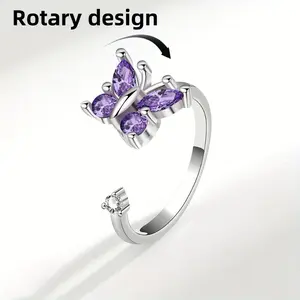 Elegant Butterfly Fidget Spinner Ring - Adjustable, Silvery-Plated with Cubic Zirconia - Perfect Gift for Women & Girls Boho