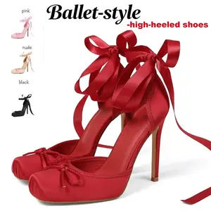 Women's Satin Stiletto Heels - Elegant Ballet Slingback Pumps with Bow Accents Square Toe & Lace-Up Closure for Wedding Party Special Occasions