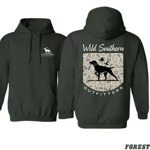 Camo Hunting Hoodie – Wild Southern Outfitters Dog and Bird Graphic Sweatshirt – Southern Lifestyle Pullover – Outdoor Hoodie for Men and Women Fall Winter Casual Fashion