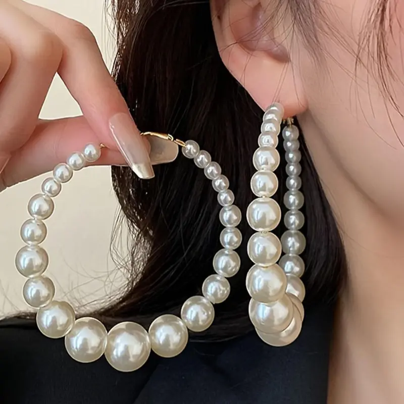 Faux Pearl Decorated Exaggerated Hoop Earrings, Statement Earrings, Elegant Exquisite Earrings for Women, Fashionable Jewelry for Party, Daily Clothing Decor