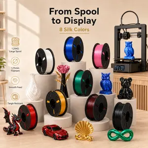 Allows every creative idea to be printed into tangible form. Silk PLA 3D printing filament, 1.75 mm PLA spool, 1.25 kg large spool. Materials for FDM printers. Glossy finish, smooth print, neatly wound spool. Suitable for model making, gift decoration, DI