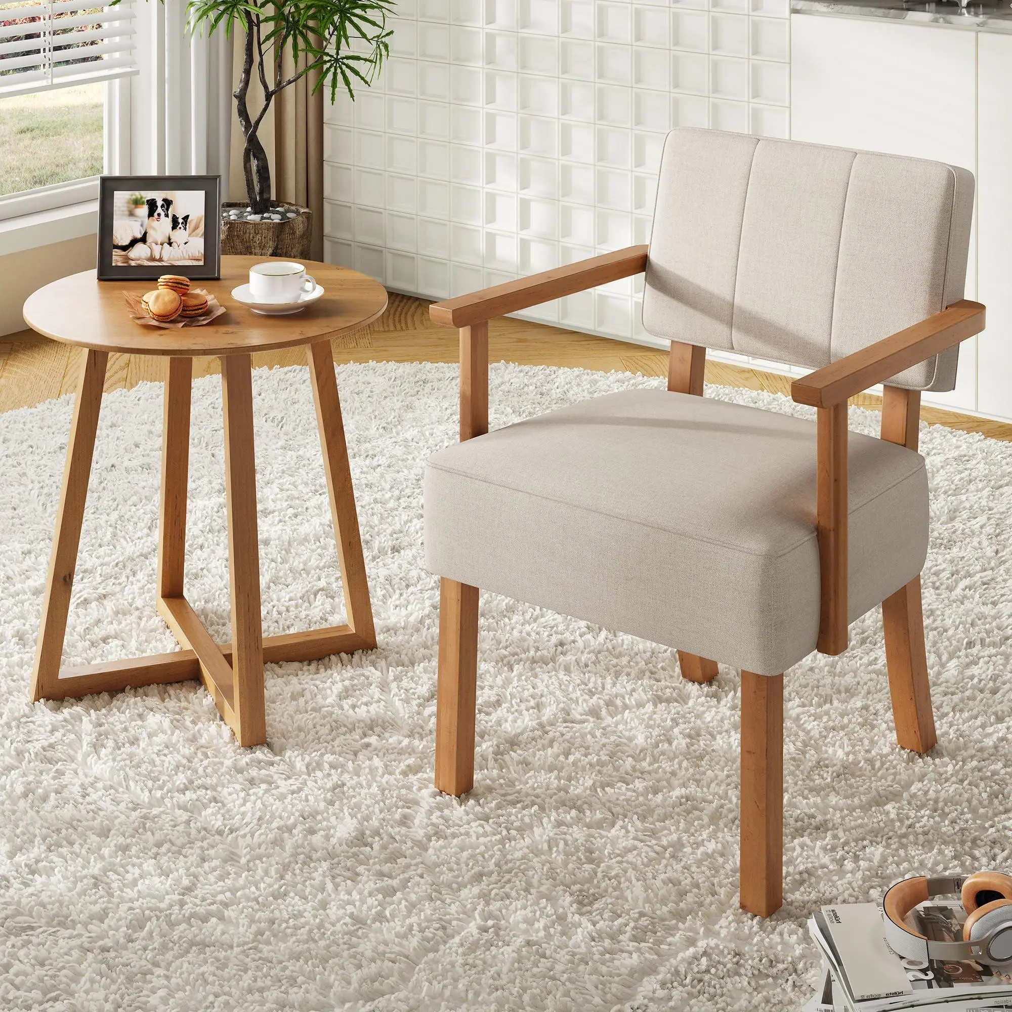 Linen Fabric Accent Chair, Mid-Century Modern Armchair with Classic Vertical Stripe, Reading Leisure Chair with Wood Frame for Living Room, Beige