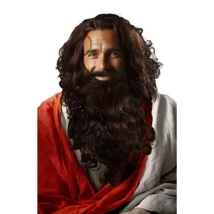 Brown Beard And Wig Set - Halloween Biblical Father Time Costume Accessory for Adults