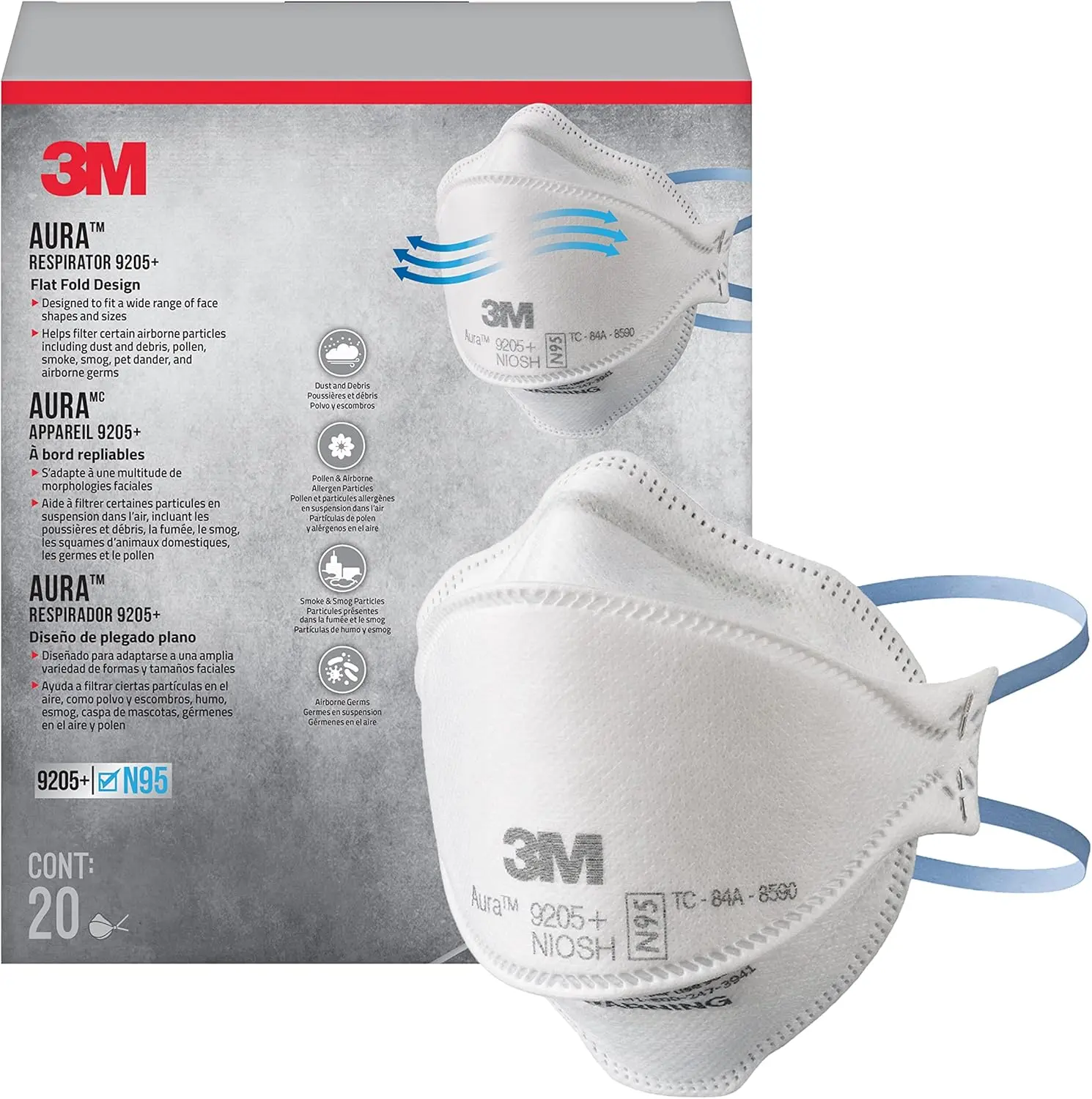 3M Aura 9205 +, N95 ,Clean and dust proof 20 / Pack, White