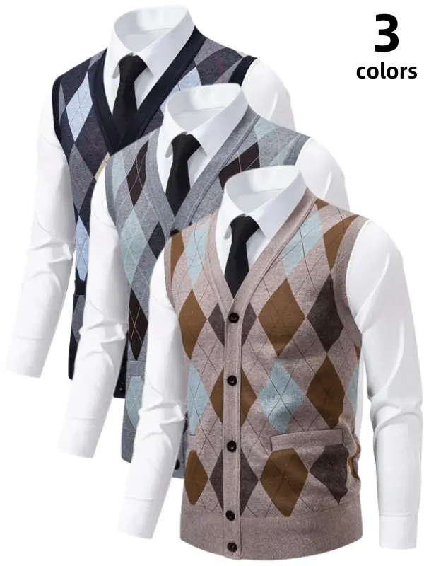 Men's V-Neck Button-Front Argyle Waistcoat - Menswear Sleeveless Knit Gilet with Pockets, Soft Stretchy Warm Breathable Tailored Fit, for Office Fall Winter Layering, Casual