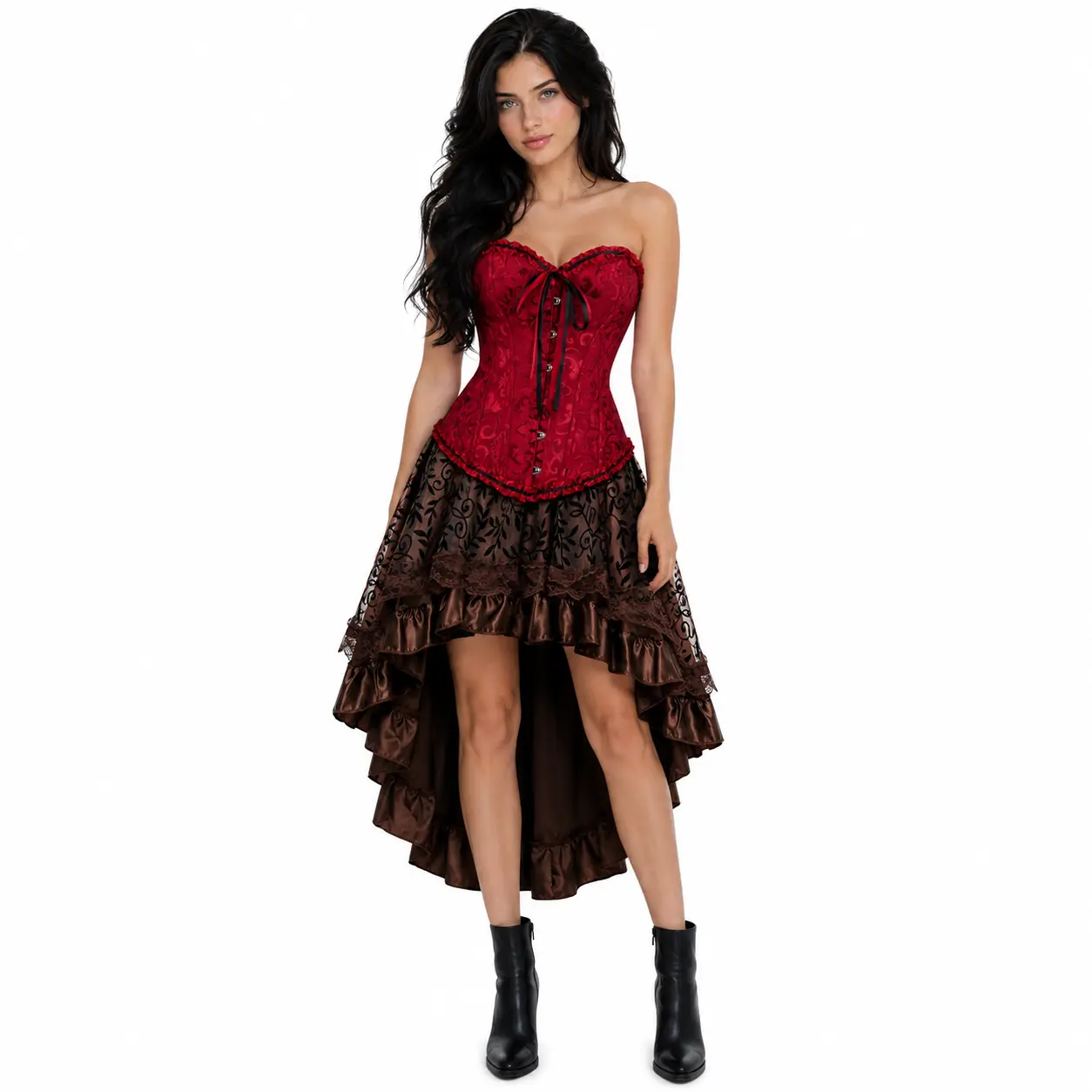 2-Pieces Gothic Steampunk Corset Outfit MILALEE Women Renaissance Strapless Boned Corset & High-Low Skirt 2-Piece Suit Great for Halloween Parties & Historical Reenactments 819/7056-B