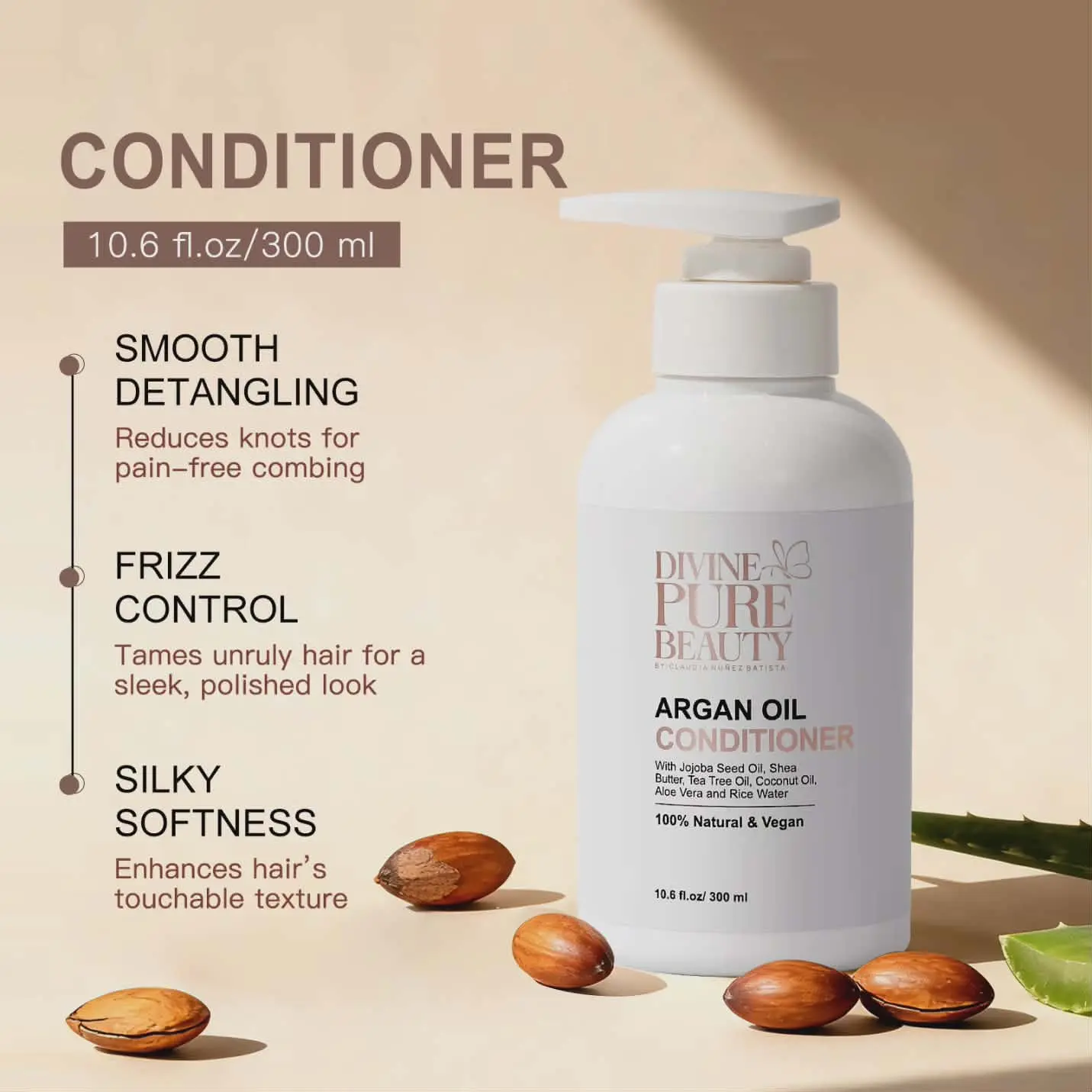 Divine Pure Beauty Nourishing Vegan Botanical Argan Hair Conditioner - 10.6 fl. oz/300ml Haircare Liquid, Co-Formulated with Argan Oil, Vegan Oils (Avocado, Coconut, Shea, Rice Blend) for Botanical Care & Restores Shine