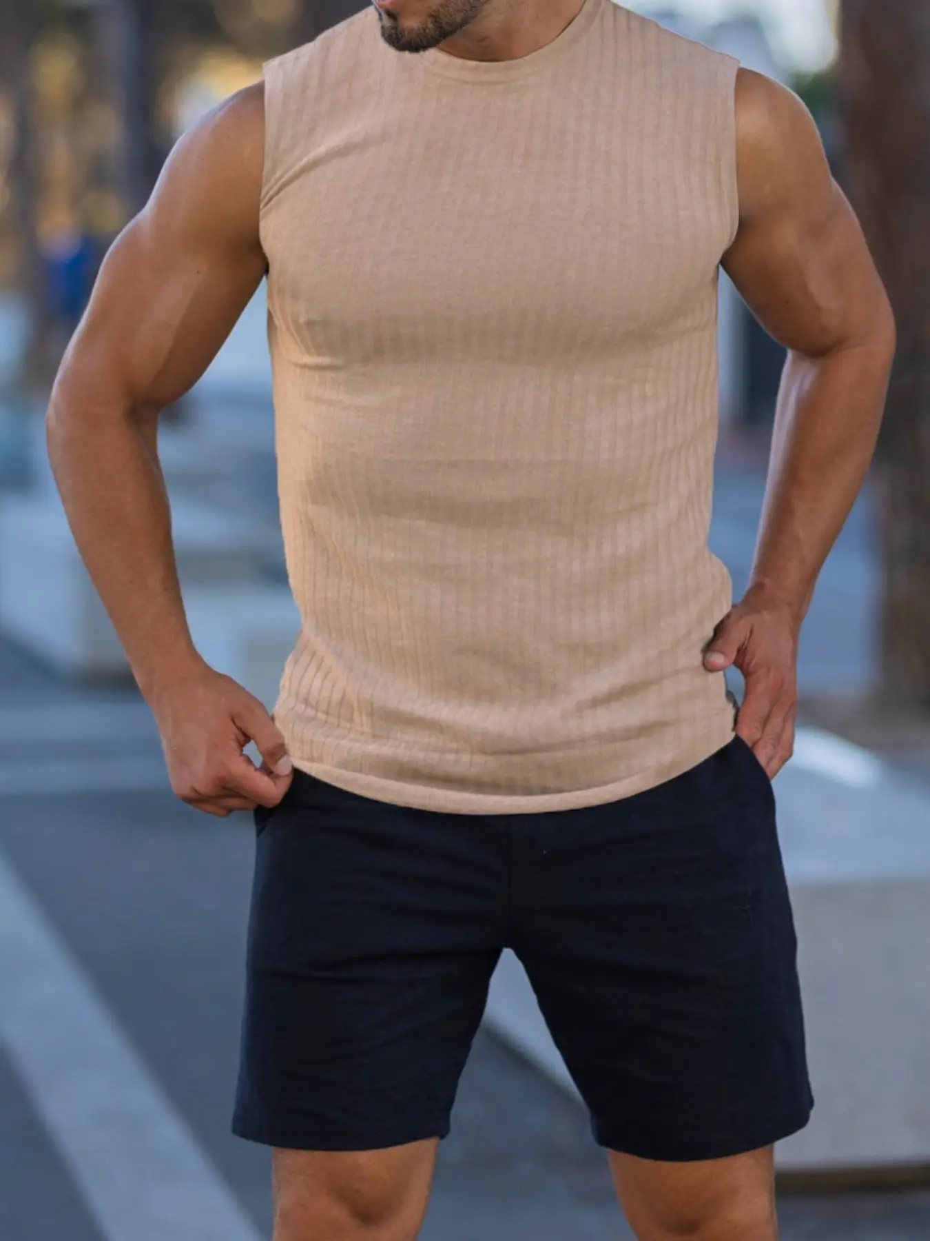 2026 new style fashionable Athletic men's Plain solid-color sleeveless Fitted vest, vertical stripe stretch-fit style, round-neck blazer for casual wear, suitable for fitness, running, sports, and as an inner layer shirt