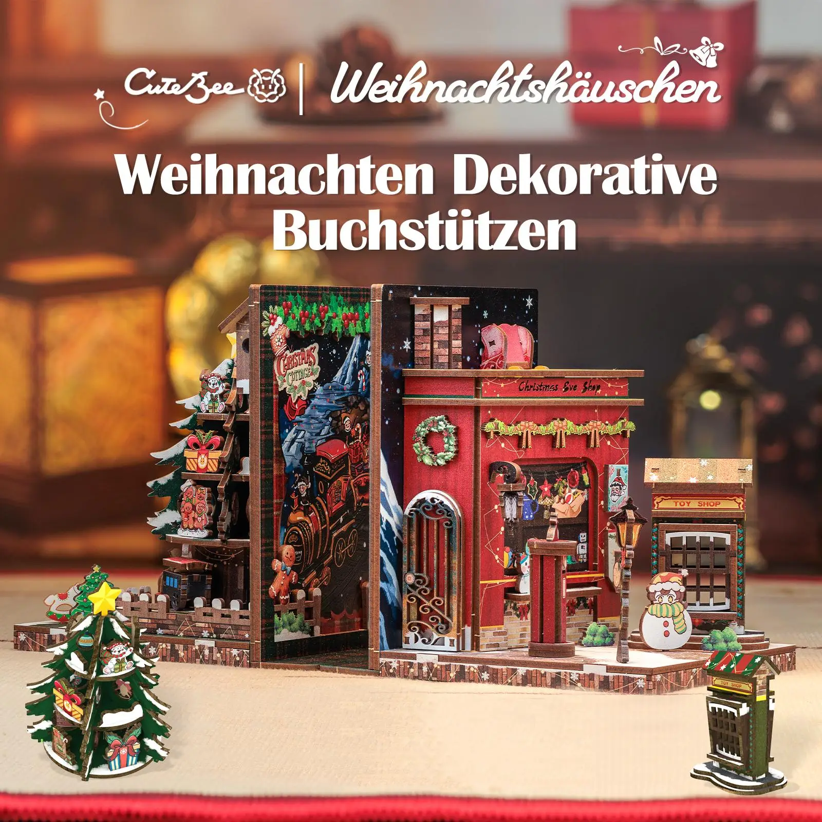 【Christmas Cottage】CUTEBEE DIY Christmas Bookend for Shelves 3D Wooden Puzzle Decorative Book Nook Kit Book Ends Miniature House Bookshelf Room Home D