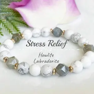 Boho Howlite &Labradorite Gemstone Bracelet, Anxiety Relief Bracelet, Healing Crystals Mala Bracelet For Calming, Stress Relief