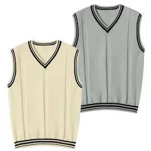 Men's V-neck Knitted Vest with Contrasting Striped Trim - Casual College Style Sleeveless Shirt