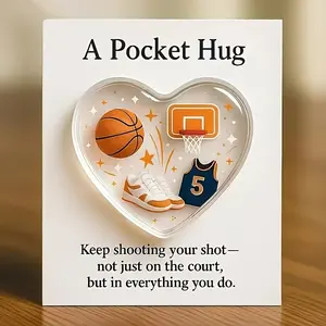 Heart-Shaped Basketball Hug Pocket Token, Encouragement Card Included, Acrylic Flat 2D, Friendship Thank You Gift, Room Decor, Party Present