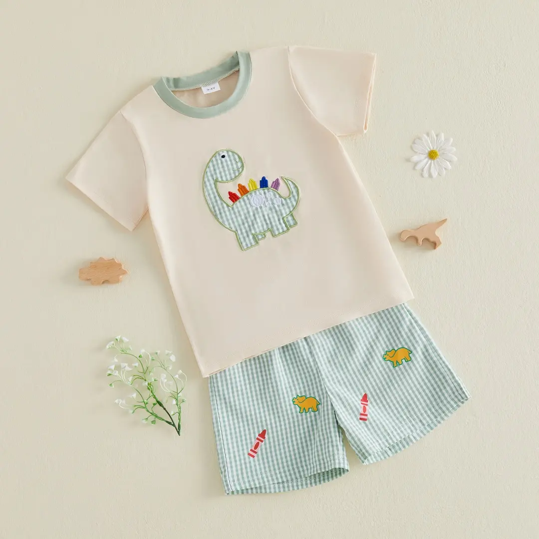 Toddler Boys Back to School Outfits Adorable Dinosaur Embroidery Short Sleeve Round Neck Tops and Striped Shorts Set