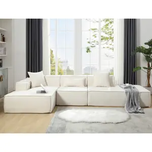 Modular L-Shaped Living Room Sofa Set Modern Minimalist Tofu Block Sofa Left-Hand Facing Terrycloth Fabric Beige Couch for Living Room Apartment Easy Assembly No Tools Needed, Living Room Furniture for Apartment, Lounge, Family Room
