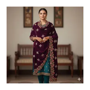 Elegant Embroidered Shawl SWL-34 Purple Velvet Look with Floral Design Rich Color for Formal Events and Parties