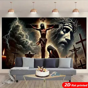 Jesus Christ Crucifixion Tapestry Wall Hanging, Religious Christian Cross Design, 2D Flat Printed Backdrop for Church, Home Decor, Christian Gift, Faith Wall Art