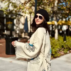 Selena Blue Eyes Cotton Robe - 100% Organic Cotton, OEKO-TEX Standard 100 Certified, Lightweight, Quick Drying, Hand-Wood-Printed, Unisex, One Size Fits Most