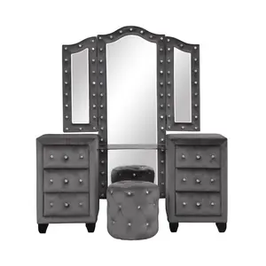 Modern Style Crystal Tufted Upholstery 6-Drawer Vanity Set with Stool finished with Velvet Fabric made with Wood in Gray