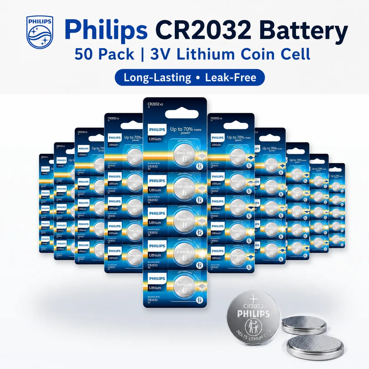 Philips CR2032 3V Lithium Coin Cell Batteries 50 Pack, Long-Lasting Bulk Button Batteries with 10-Year Shelf Life for Remotes, Sensors, Scales & Small Electronics