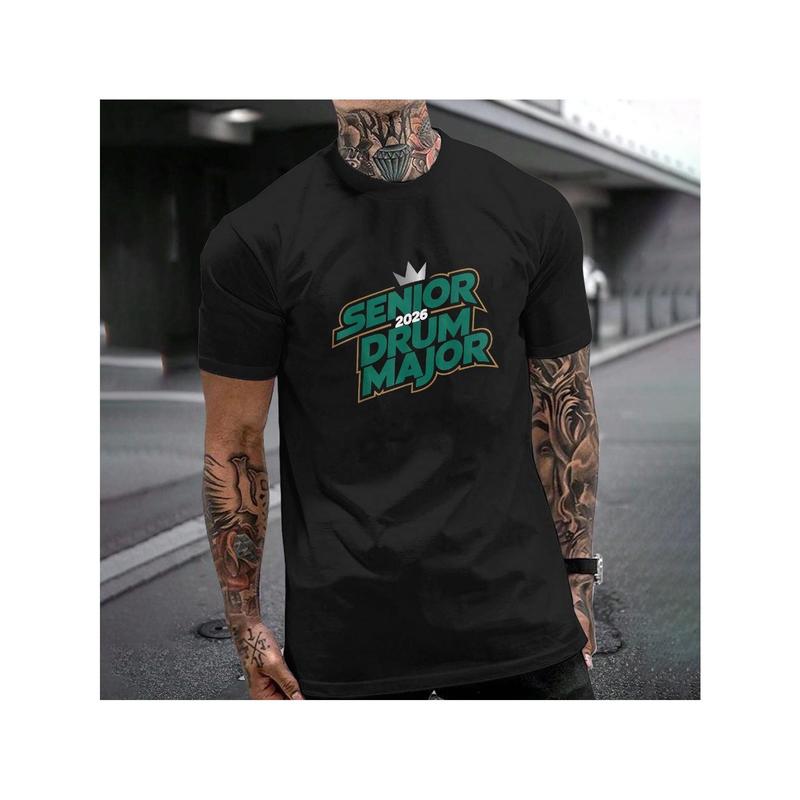 Senior 2026 Drum Major 2026 Class Of 2026 T-Shirt, 100% Cotton, Single Side Printed, Black Short Sleeve T-shirt, Gift for Family Friends, S-XXXL, 1 pc, Fabric Weight 180g