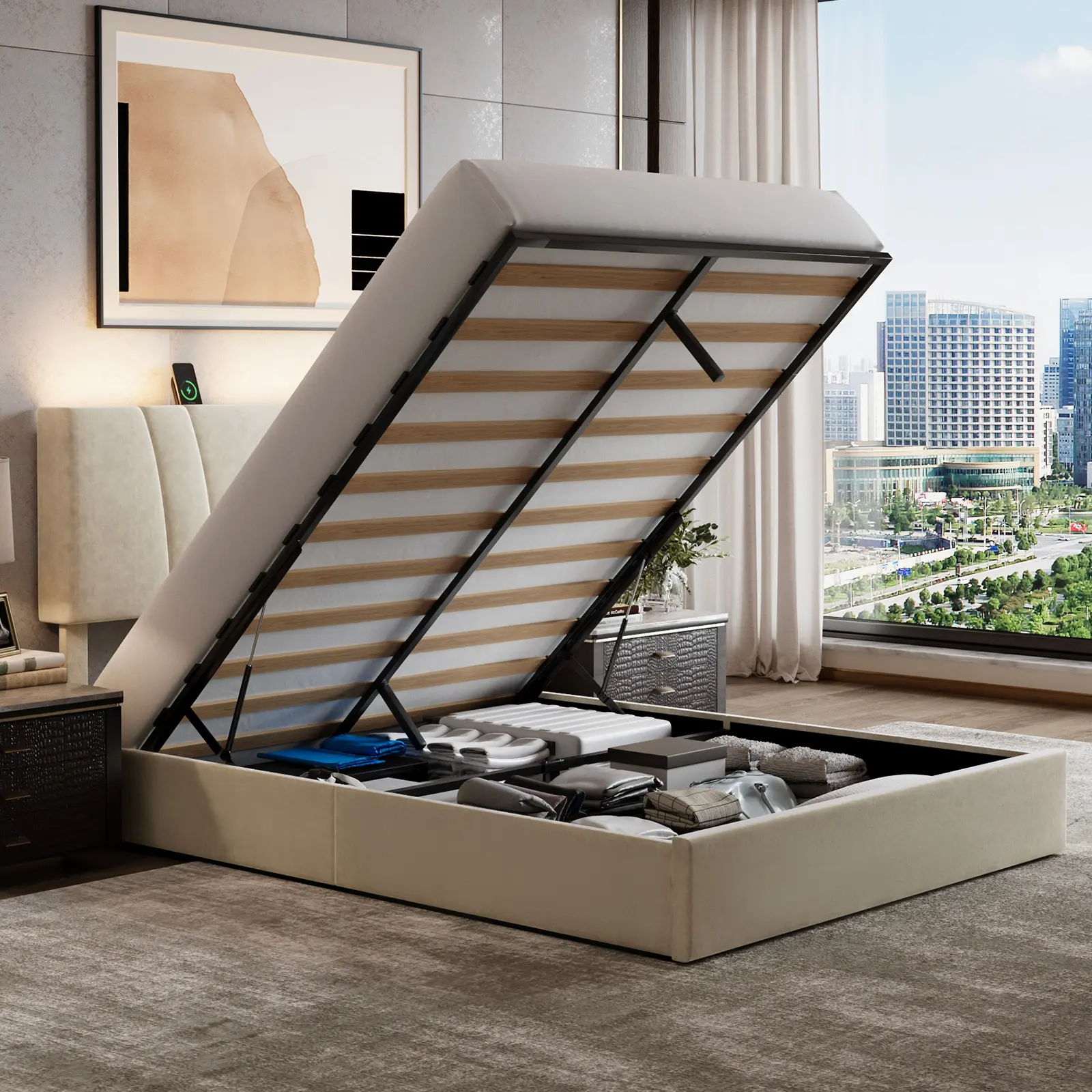 Novilla Hydraulic Lift Storage Bed Frame - Full/Queen/King Sizes, Modern Furniture with 3-Height Adjustable Upholstered Headboard, Charging Station, LED Light Support