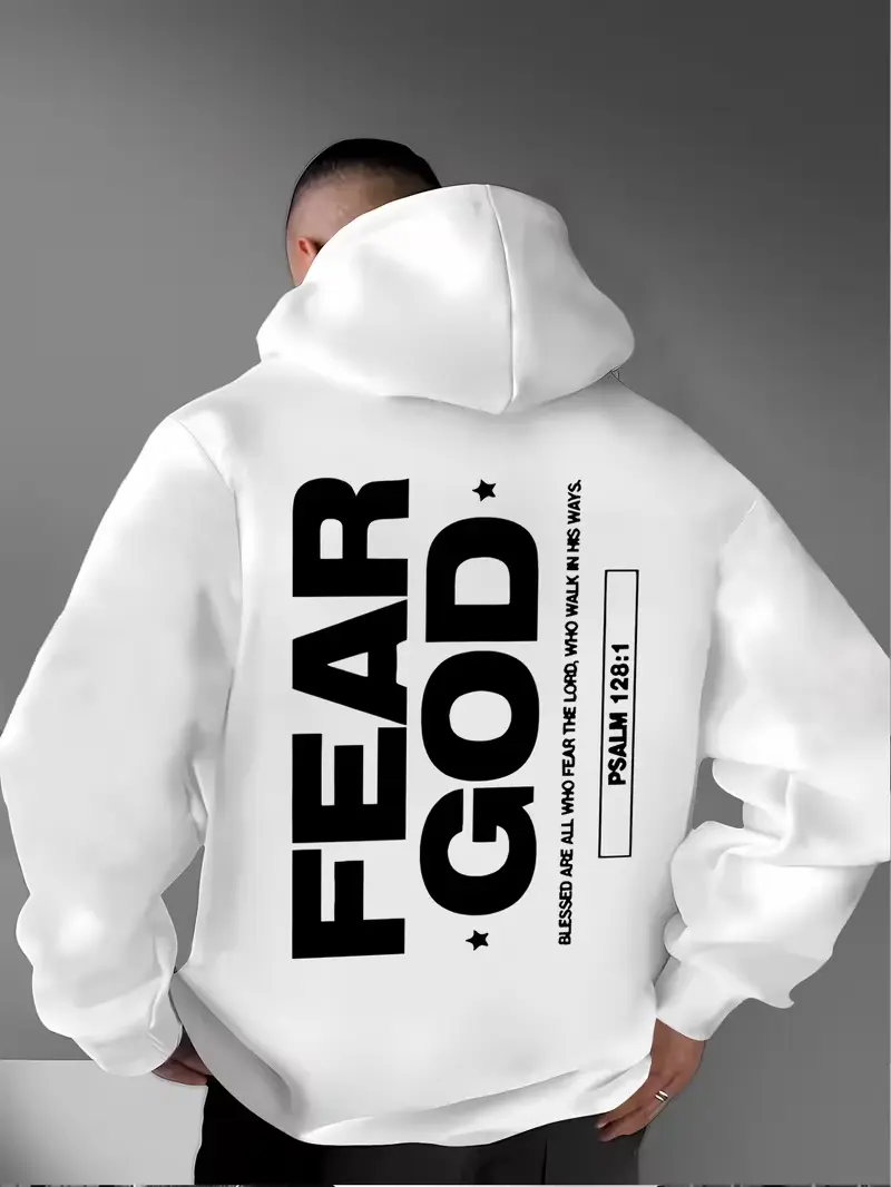 Fear God Psalm 128:1 Front & Back Print Fleece Pullover Hoodie, Faith Inspired Streetwear Long Sleeve Sweatshirt For All Seasons