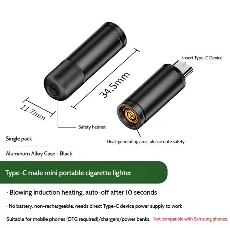 Mini encendedor de cigarrillos tipo C, apagado automático, seguridad para exteriores, USB C, adaptador de encendedor de cigarrillos móvil