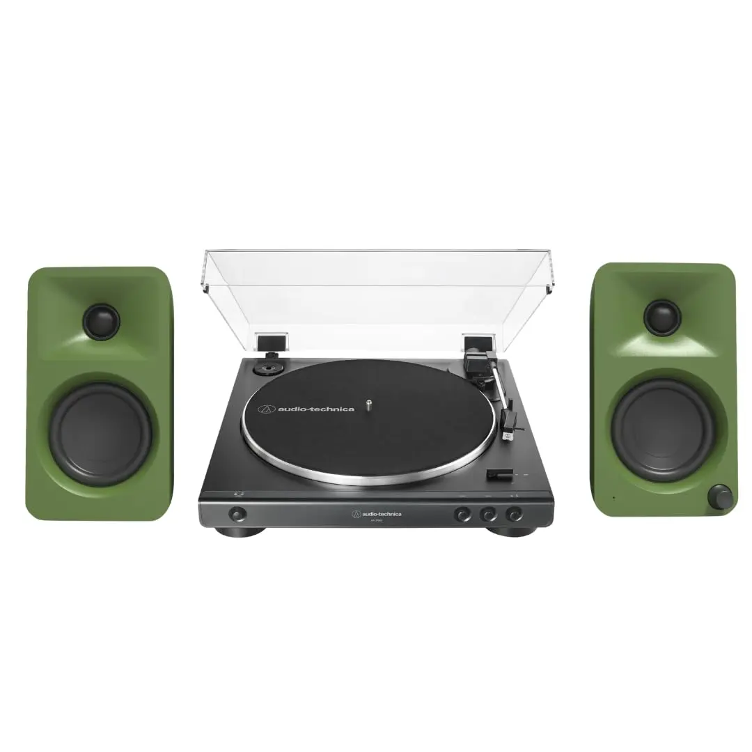 Kanto ORAME 100W Amplifier Wireless Bluetooth Receiver Speakers (Moss) with 60X-BK Fully Automatic Belt-Drive Vinyl Turntable Bundle, USB Type-C, Sleek Compact and Elegant Design