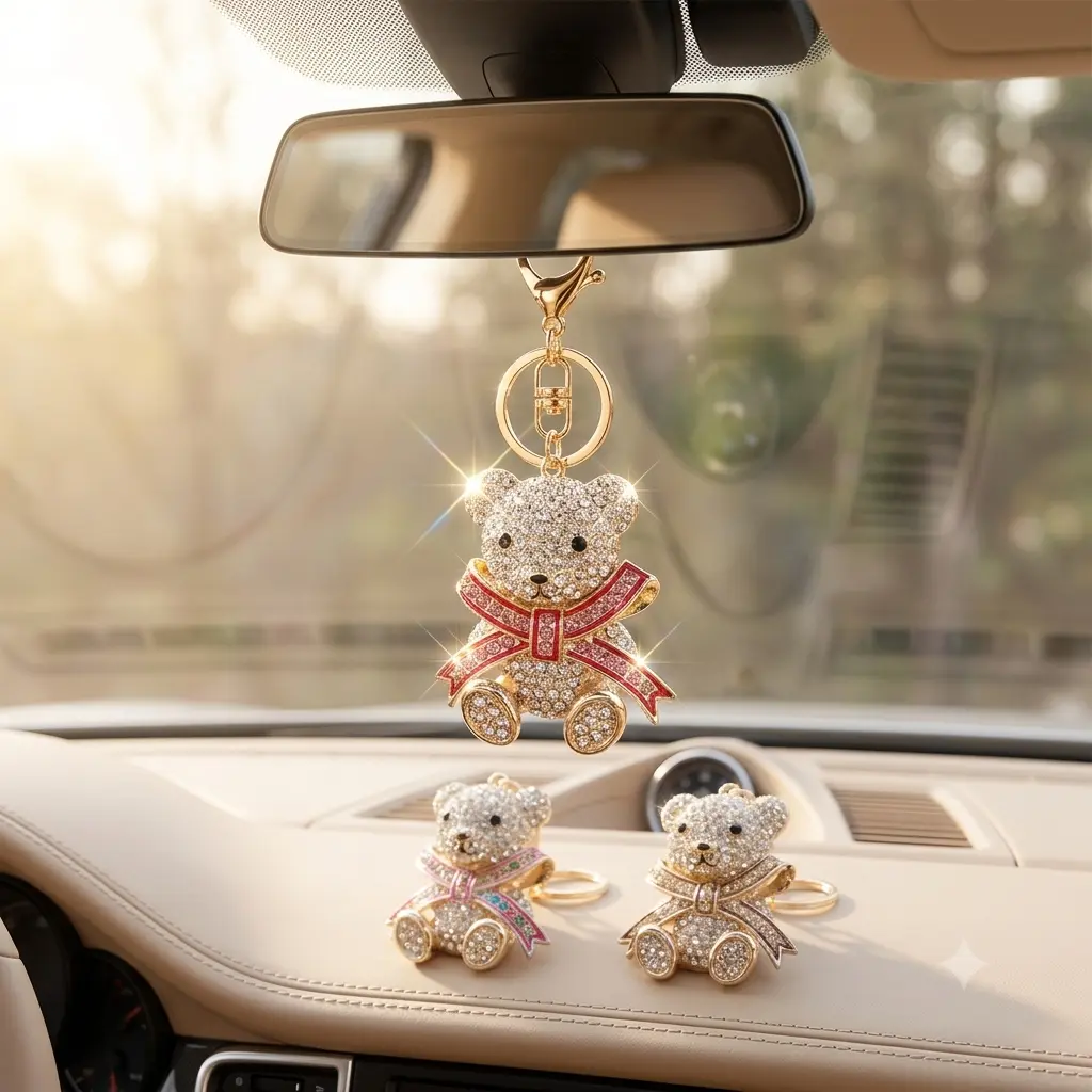 Bling Rhinestone Teddy Bear Car Mirror Hanging Ornament, Luxury Crystal Bowknot Animal Vehicle Charm, Aesthetic Coquette Girly Auto Interior Decoration, Fully Encrusted Bear Keyring Pendant Hanger Gift