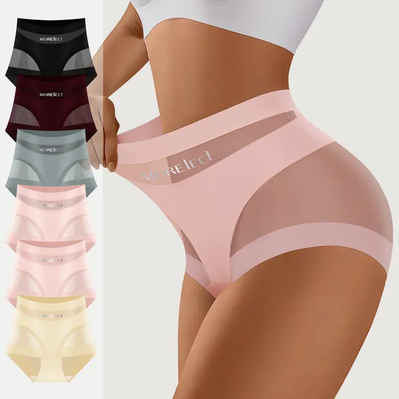 Morelect Women's Plus Size High Waisted Briefs - 3/6/8 Pcs Breathable Mesh Lace Intimates Briefs, No-Show Seamless Trim, Print & Plain Letters Designs, Everyday Casual Wear Multi-Size Panties for Women (Do Not Dry Clean)
