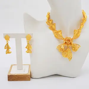 Flower Design Dubai  gold Simple Jewelry Set Indian Bride Wedding day Necklace Earrings 2 Piece