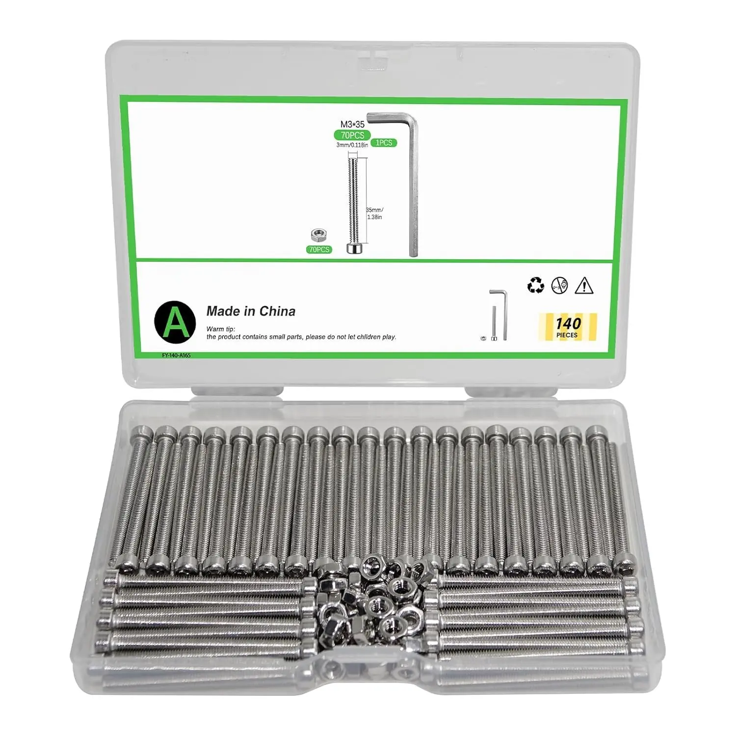 140 count M3 x 35mm Socket  Cap Screws Metric, Allen Socket Drive, 304 Stainless Steel, Full Thread, Bright Finish, Machine Thread
