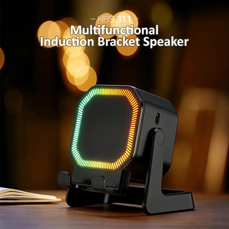 【FathersDayGift】Portable 5 IN 1 Wireless Bluetooth Speaker with Wireless Induction Charger, 360° Rotatable LED Stand, Surround Sound Desktop Speaker, Ideal for Home Shower Outdoor Travel, Gifts for Men & Women
