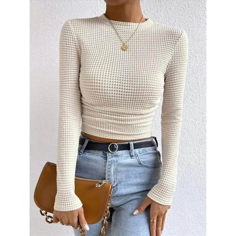 Sports & Outdoor Waffle Knit Slim Tops - Basic Long Sleeve Round Neck Minimalist Casual Sweater, Compatible with Raincoats for Sports Use