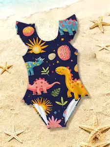 Girls' Random Printed Full-Print Digital Fashion Trendy Summer Jumpsuit Swimsuit, Dinosaur Pattern, Slim-Fitting, All Seasons