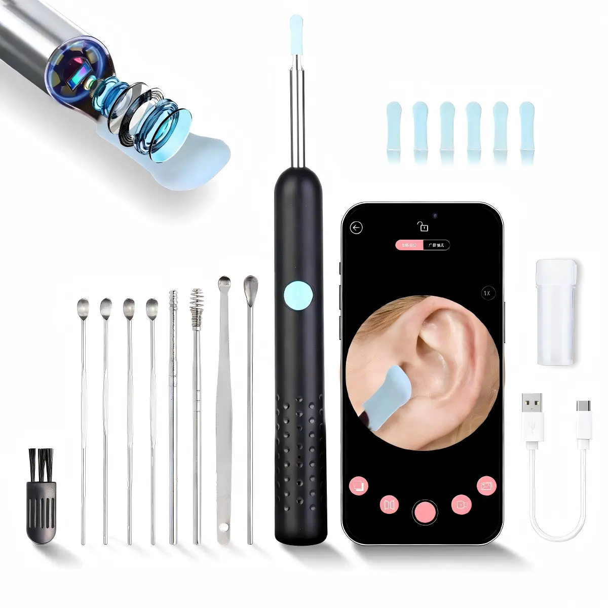 Manual Smart Digital Ear Cleaner Earwax Removal Tool with WiFi Connection, HD Camera, Silicone Tips, iPhone & Android Compatibility, Wi-Fi & Cellular Data Support, Safe Personal Ear Hygiene Kit, Birthday & Holiday Gift