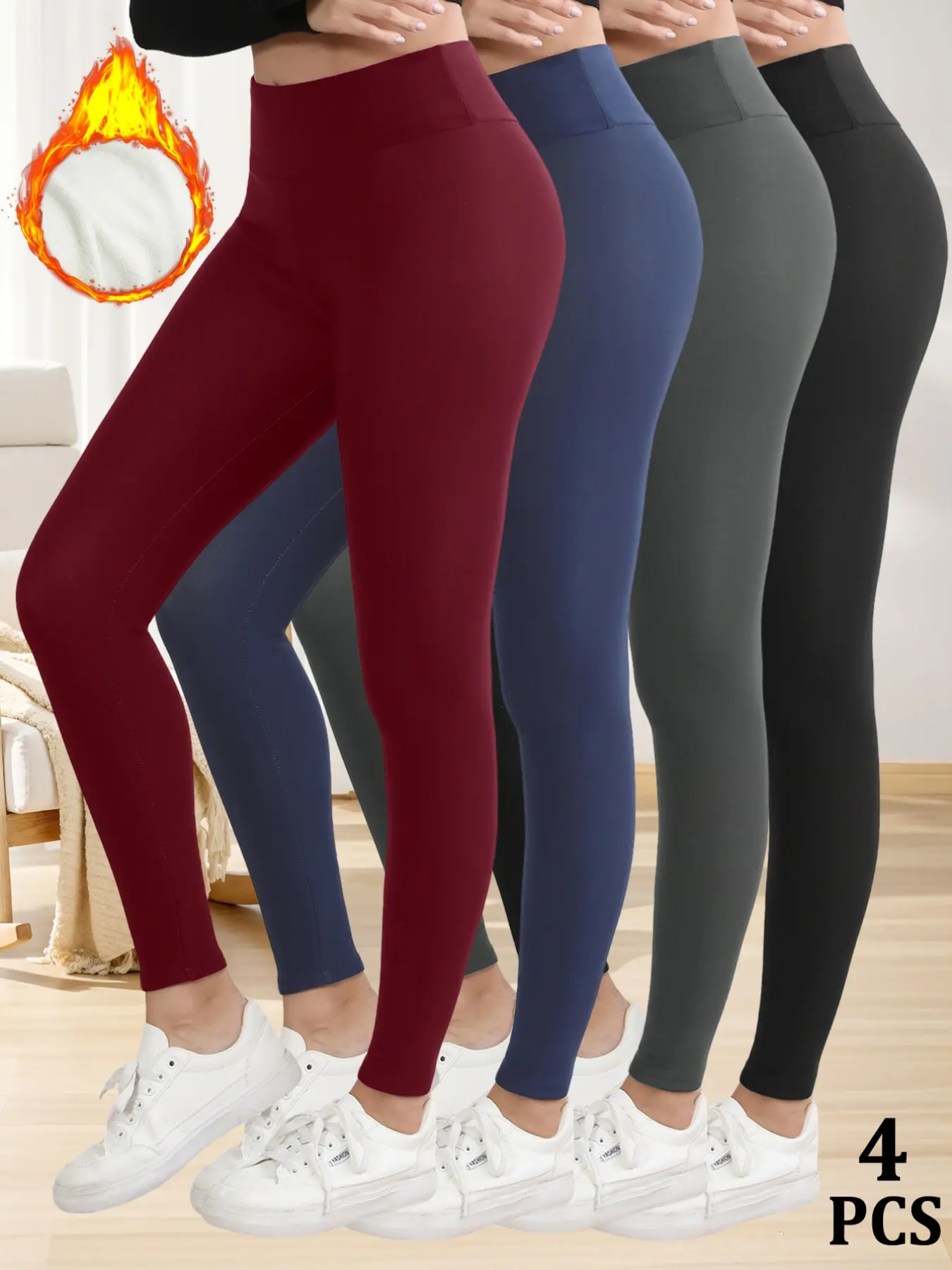 4PCS Women's Thick Warm Winter Leggings Bottoms, Thermal Legging Pants, Basic Fashion Casual Tight Fit Slim Pants, Inner Fleece Soft Elastic Plain Long/tight Pants for Fall & Winter
