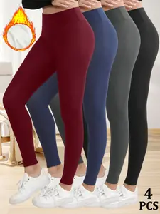 4PCS Women's Thick Warm Winter Leggings Bottoms, Thermal Legging Pants, Basic Fashion Casual Tight Fit Slim Pants, Inner Fleece Soft Elastic Plain Long/tight Pants for Fall & Winter