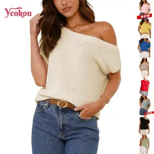 Yeokou Womens Off Shoulder Sweater Y2K Short Sleeve Ribbed Knit Pullover Date Night Top Blouse
