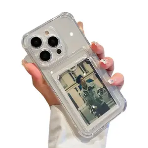 Transparent Card Slot Bag Holder Case for iPhone 16 15 14 13 12 11 Pro Max Mini X XR 7 8 Plus - Shockproof Soft Cover Protective Casing cute cartoon Protector Screen Protector Protection Cellphone Smartphone
