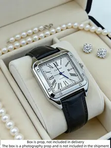 Men's Square Roman Numeral Quartz Watch, Luxury Stainless Steel Case, Leather Strap, Waterproof Business Dress Band, Date Display