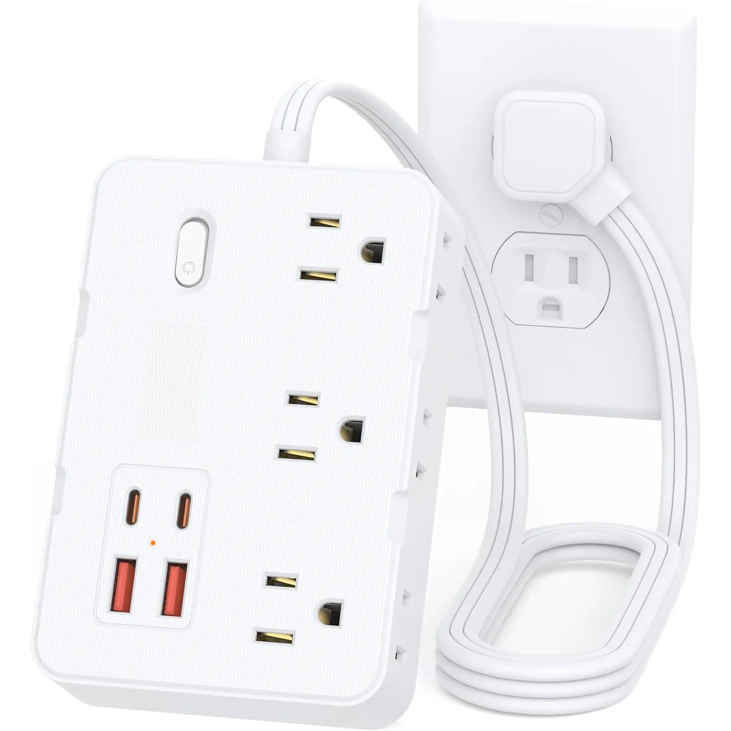 Surge Protector Power Strip with Flat Plug, 3 FT Extension Cord with 6 AC Outlets 4 USB Ports,1050J Surge Protection, Wall Mountable  Station for Office, Home, White