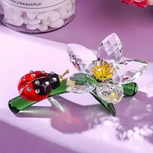 Luxury Crystal Decor, Handmade Spotted Ladybug & Crystal Flower, Glass Sculpture Ornament, Home Table Decor, Collectible Item