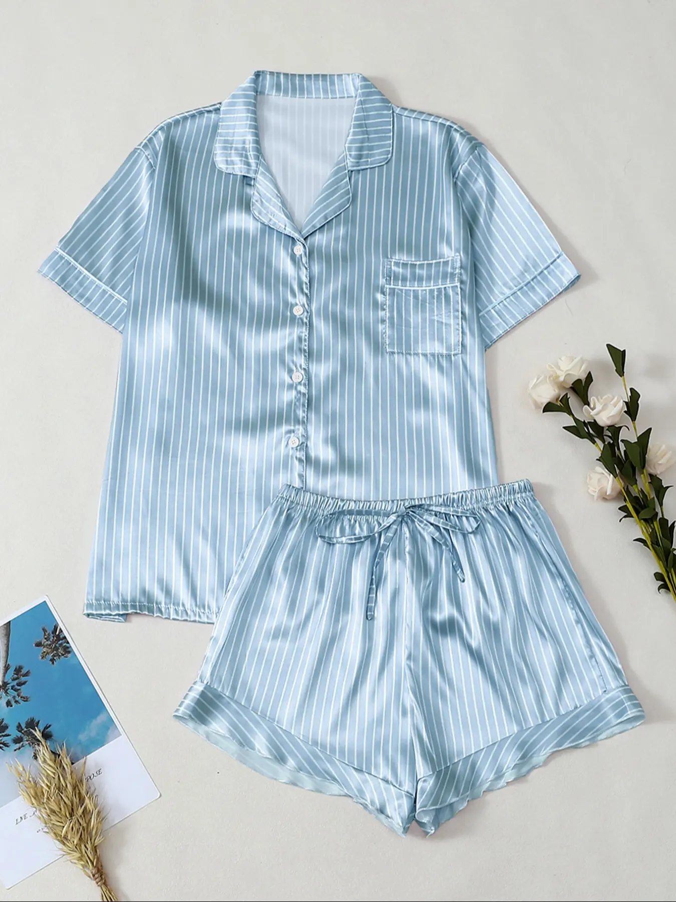 Women's Satin Striped Pajama Set, Pockets, Casual Fitted Sleepwear, Loungewear, All-Season Comfortable Nightwear, Stylish & Soft Fabric, Perfect for Home Use, Pjs, Womenswear, Softest Satin Pajamas