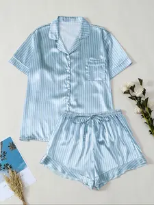 Women's Satin Pajama Set, Pockets, Casual Fitted Sleepwear, Loungewear, All-Season Comfortable Nightwear, Stylish & Soft Fabric, Perfect for Home Use, Pjs, Womenswear