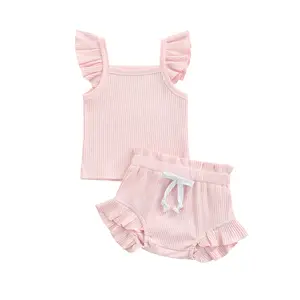 2Pcs Baby Girl Solid Ribbed Outfit Set, Ruffle Flutter Strap Square Neck Tank Top + Ruffle Bloomers Shorts, Infant Summer Casual Clothes