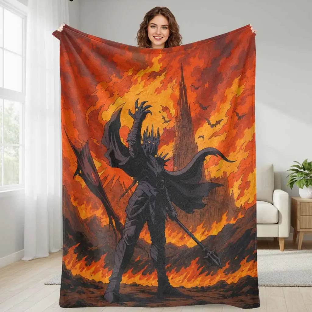 Dark Fantasy Warrior Scene Flannel Fabric Blanket, Epic Burning Castle & Flaming Mountains Print, Super Soft Lightweight Cozy Throw, Multi-Size, Ideal for Bed/Sofa, Camping Gift